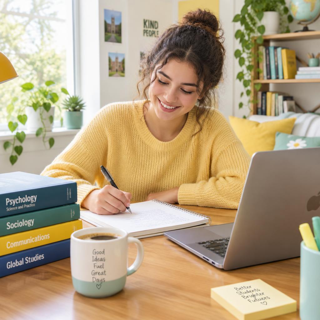 Student writing an assignment at a desk